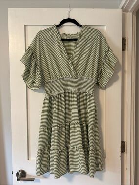 Green Striped V-Neck Tiered Women's Dress